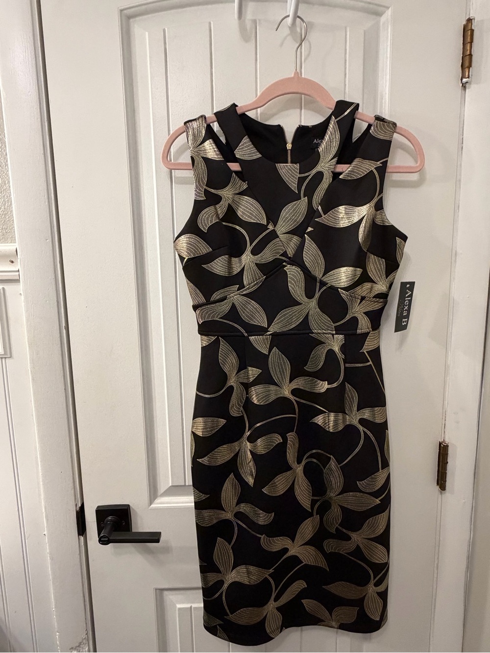 Sleeveless Black Midi Dress with Metallic Gold Leaf Detail